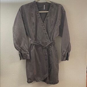 YFB ash gray brown canvas Denim canvas Wrap Dress kimono  zeppelin Xs